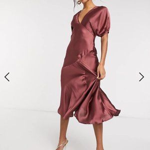 ASOS DESIGN puff sleeve satin tea dress in mocha brand new never been worn